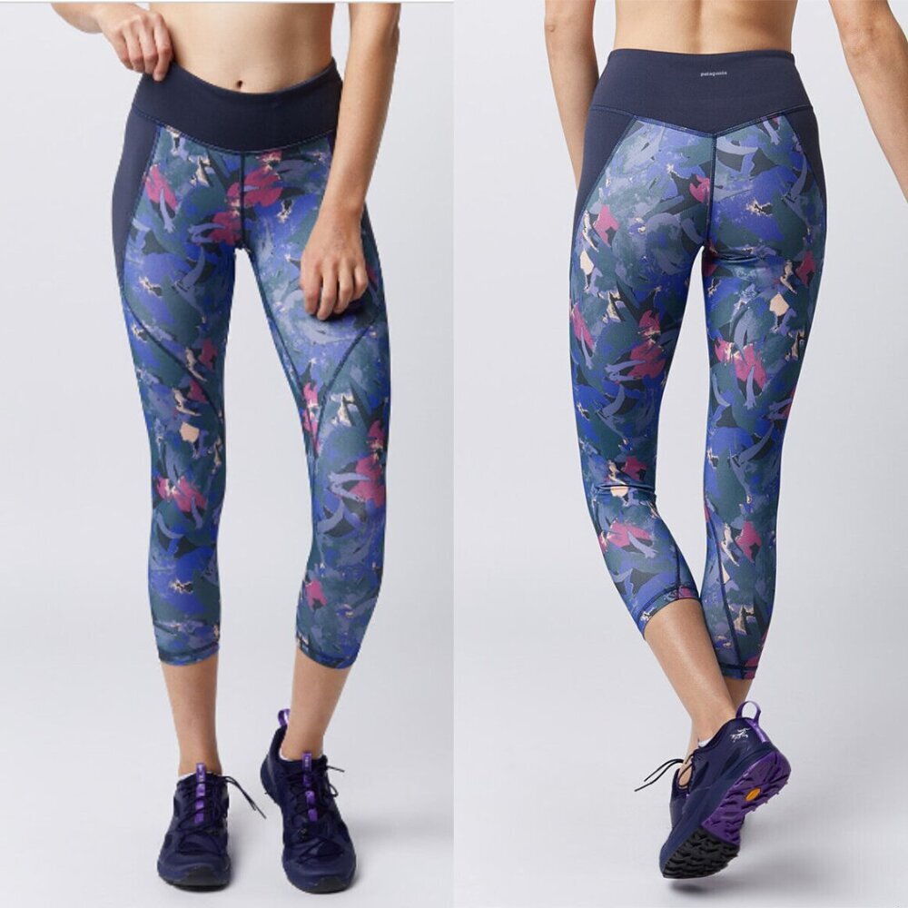 Patagonia Centered Crops 3/4 Leggings Capri Abstract Jungle Blue Print